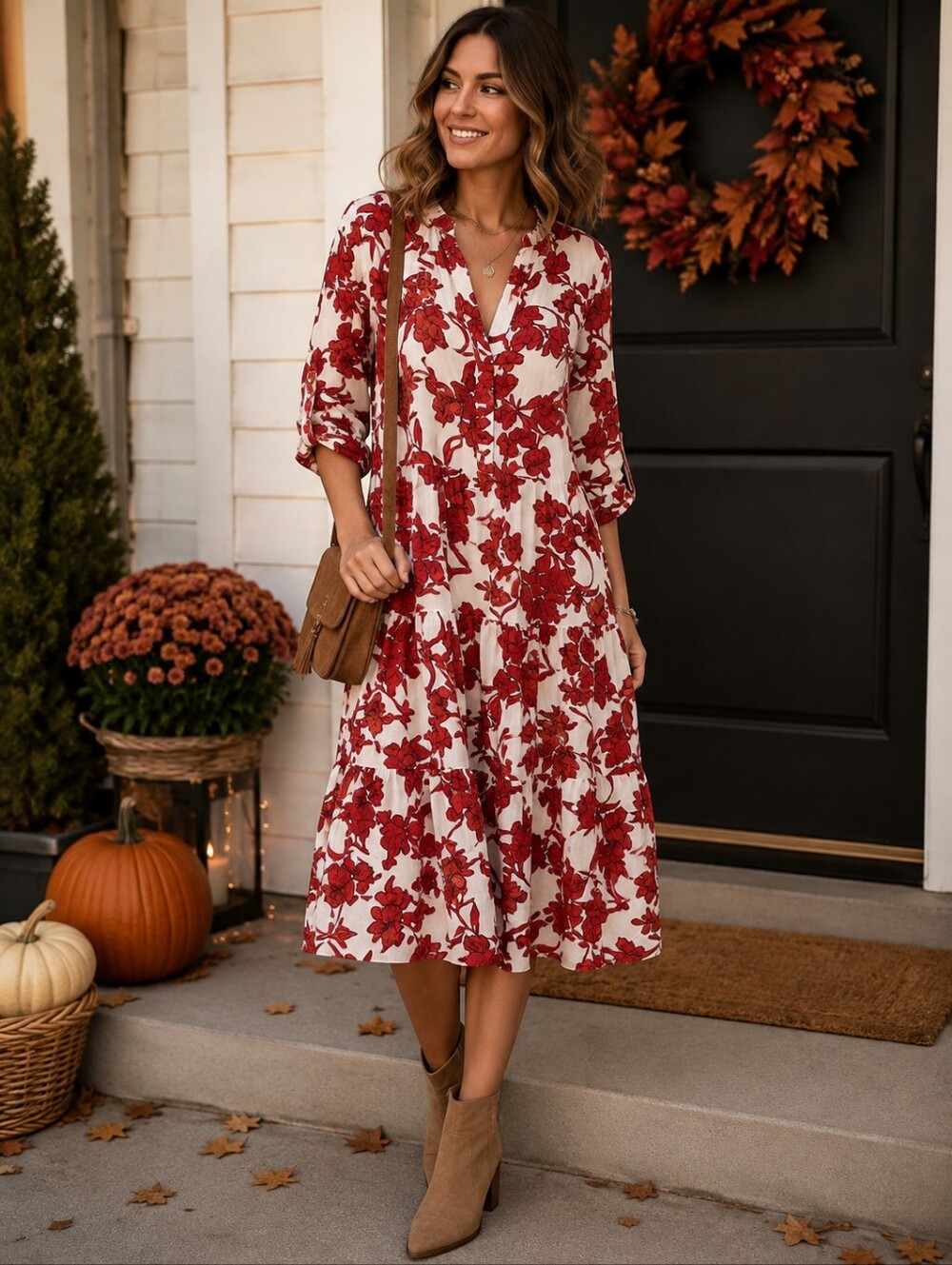 Figueroa & Flower Red Floral Tiered Midi Dress Boho Fall Size Small